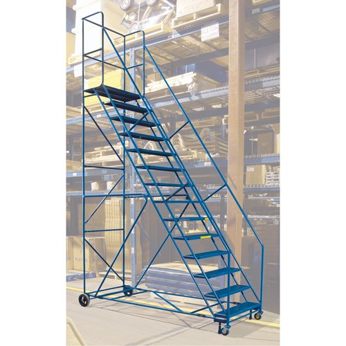 Rolling Step Ladder with Locking Step and Spring-Loaded Front Casters, 14 Steps, 30" Step Width, 128" Platform Height, Steel