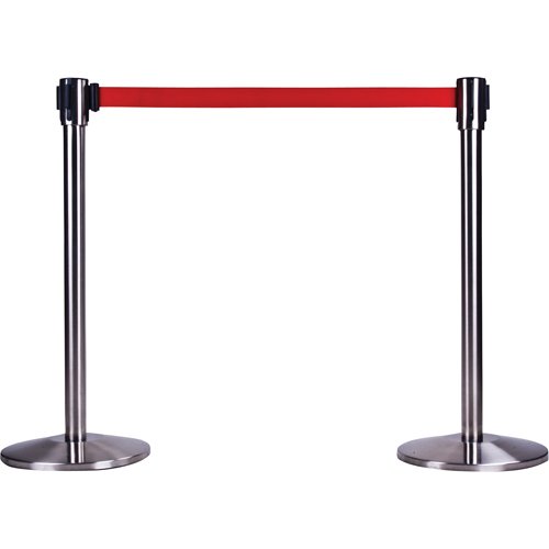 Free-Standing Crowd Control Barrier, Steel, 35" H, Red Tape, 7' Tape Length