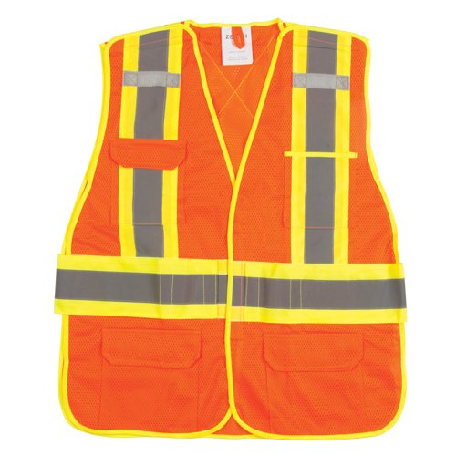 Surveyor's Safety Vest, High Visibility Orange, Large, Polyester, CSA Z96 Class 2 - Level 2