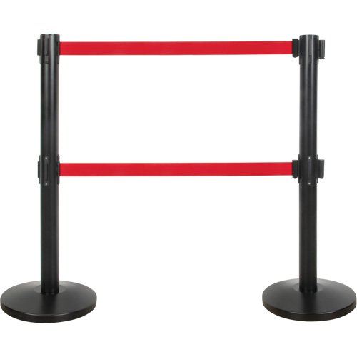 Dual Belt Crowd Control Barrier, Steel, 35" H, Red Tape, 7' Tape Length