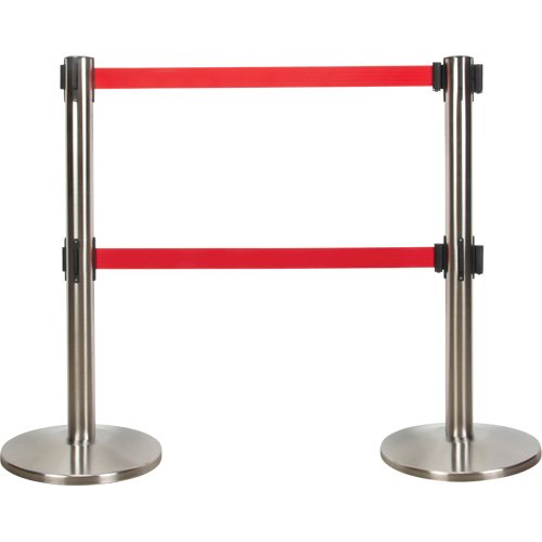 Dual Belt Crowd Control Barrier, Steel, 35" H, Red Tape, 7' Tape Length