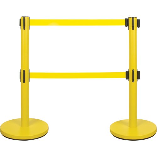Dual Belt Crowd Control Barrier, Steel, 35" H, Yellow Tape, 7' Tape Length
