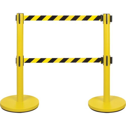 Dual Belt Crowd Control Barrier, Steel, 35" H, Black/Yellow Tape, 7' Tape Length